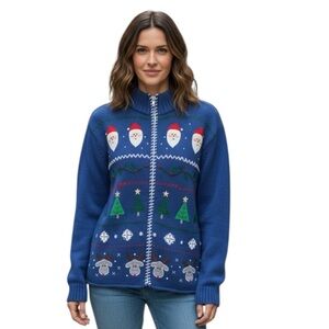 Crystal Kobe Blue Holiday Cardigan Sweater Size XL Santa Reindeer Christmas Tree